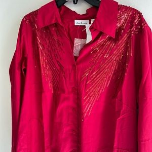 171 Joan Rivers Red Sequened Button Down Shirt